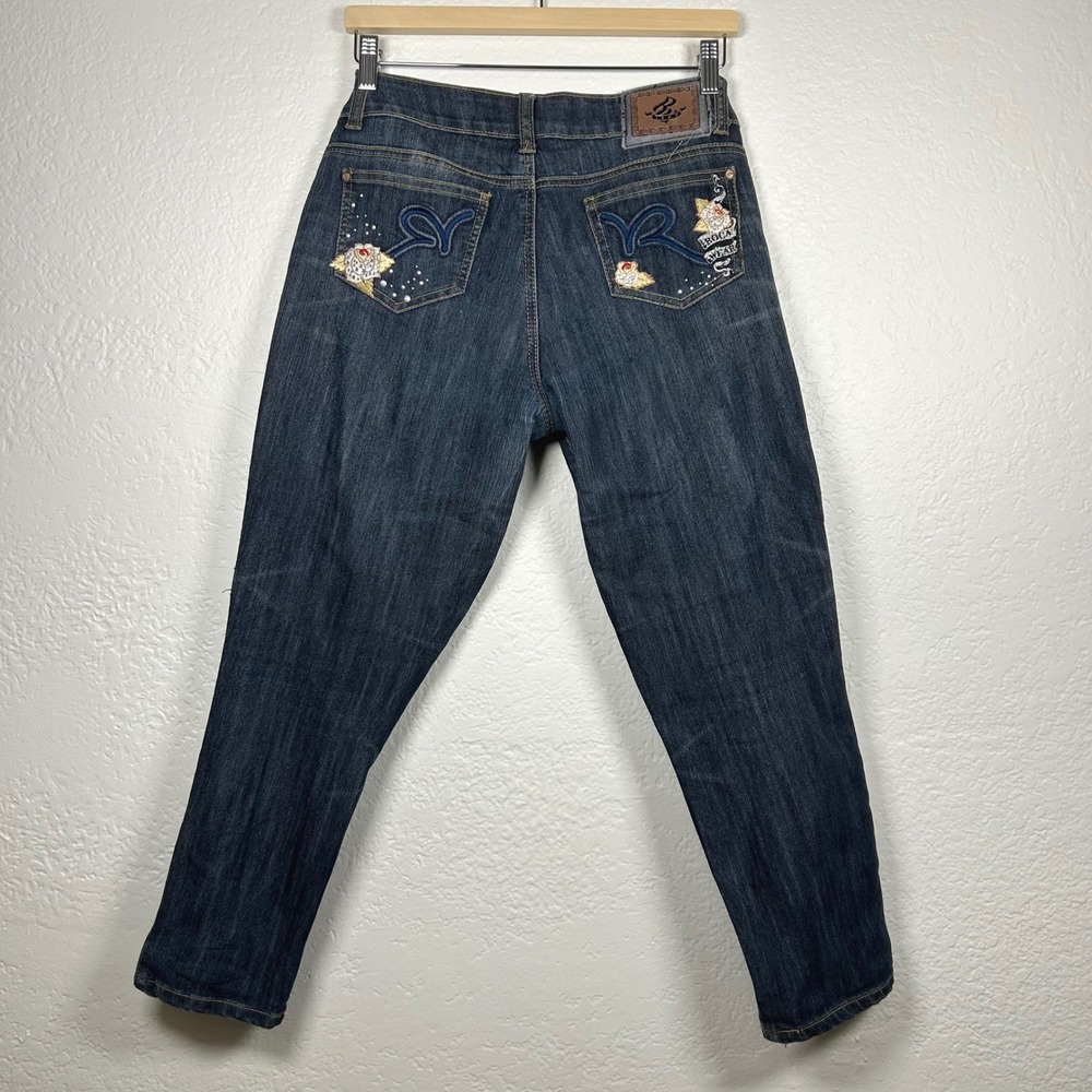 VTG Rocawear Blue Denim Jeans Embroidered Floral Rhinestone Size 7